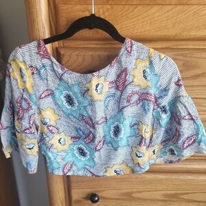 BCBGeneration Blue and Yellow Flowy Sleeved Casual Open Backed  Crop Top